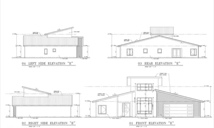 Architectural elevation drawings — front, rear, left and right side views of the Easy Street home plan by Valley View Development and Tincher's Custom Homes