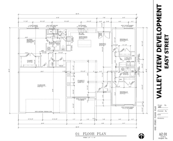 One-story floor plan for Easy Street, Mineral Wells TX — Valley View Development featuring master bedroom, 2 additional bedrooms, open kitchen, family room, and 2-car garage